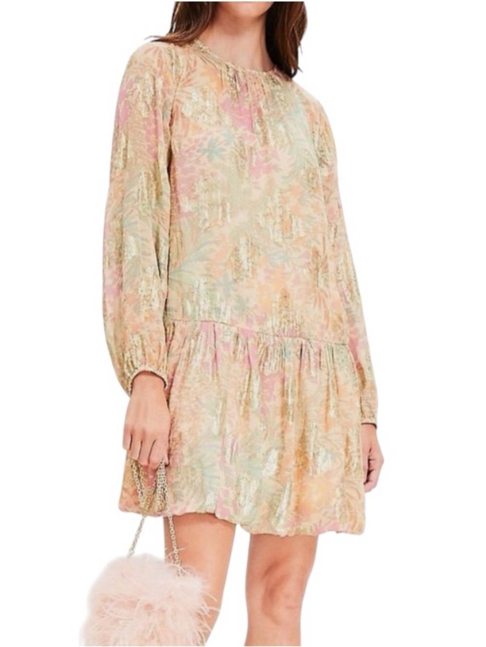 LOFT Floral Shimmer Metallic Mini Dress XS Bubble Hem Cottagecore Fairycore NWT